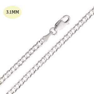 14K White Gold 080-3.1MM Cuban Curb Link Chain with Lobster Clasp Closure