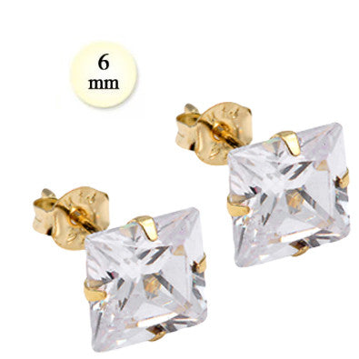 14K Yellow Gold Stud Earring Aprx 3 Carat Total Weight, 6mm Each Princess Cut Simulated Diamond Earring. Set on High Quality Stamping Setting & Friction Style Post