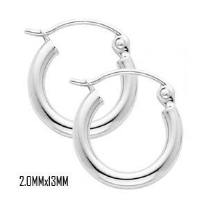 14K White Gold 13 mm in Diameter Classic Hoop Earrings with 2.0 mm in Thickness and Snap Post Closure