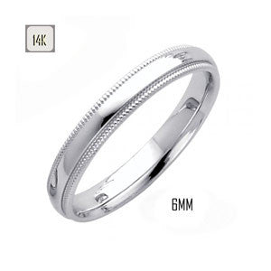 14K White Gold 6MM Classic Comfort Fit Wedding Band with Milgrain Edging