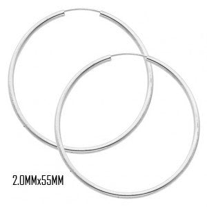 14K White Gold 55 mm in Diameter Endless Hoop Earrings with 2.0 mm in Thickness
