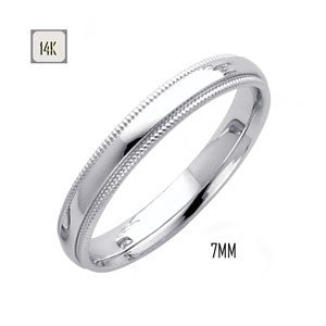 14K White Gold 7MM Classic Comfort Fit Wedding Band with Milgrain Edging
