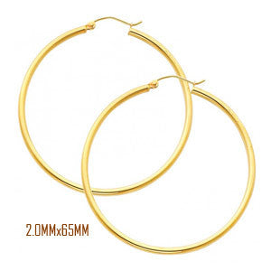 14K Yellow Gold 65 mm in Diameter Classic Hoop Earrings with 2.0 mm in Thickness and Snap Post Closure