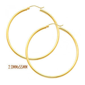 14K Yellow Gold 55 mm in Diameter Classic Hoop Earrings with 2.0 mm in Thickness and Snap Post Closure