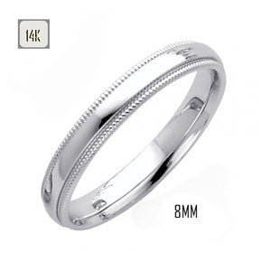 14K White Gold 8MM Classic Comfort Fit Wedding Band with Milgrain Edging
