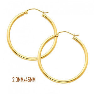 14K Yellow Gold 45 mm in Diameter Classic Hoop Earrings with 2.0 mm in Thickness and Snap Post Closure