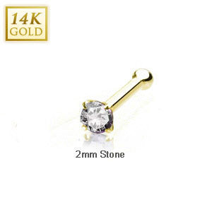 14 Karat Solid Yellow Gold 2mm Prong Clear Cz Nose Stud Ring, Thickness: 20 GA