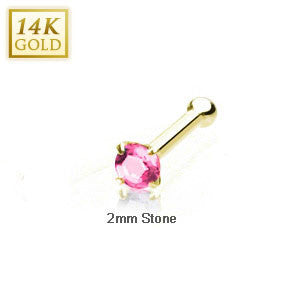 14 Karat Solid Yellow Gold 2mm Prong Pink Cz Nose Stud Ring, Thickness: 20 GA (OUT OF STOCK)