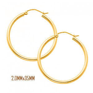 14K Yellow Gold 35 mm in Diameter Classic Hoop Earrings with 2.0 mm in Thickness and Snap Post Closure