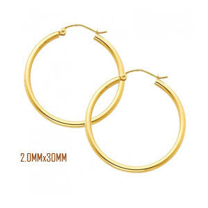 14K Yellow Gold 30 mm in Diameter Classic Hoop Earrings with 2.0 mm in Thickness and Snap Post Closure