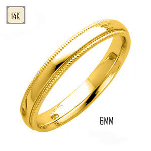 14K Yellow Gold 6MM Classic Comfort Fit Wedding Band with Milgrain Edging
