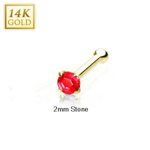 14 Karat Solid Yellow Gold 2mm Prong Ruby Cz Nose Stud Ring, Thickness: 20 GA