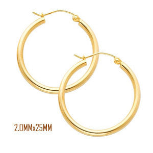 14K Yellow Gold 25 mm in Diameter Classic Hoop Earrings with 2.0 mm in Thickness and Snap Post Closure
