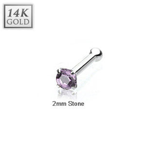 14 Karat Solid White Gold 2mm Prong Amethyst Cz Nose Stud Ring, Thickness: 20 GA