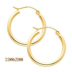 14K Yellow Gold 20 mm in Diameter Classic Hoop Earrings with 2.0 mm in Thickness and Snap Post Closure