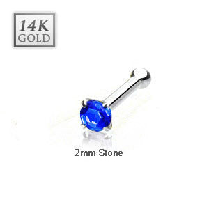 14 Karat Solid White Gold 2mm Prong Blue Cz Nose Stud Ring, Thickness: 20 GA