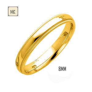 14K Yellow Gold 8MM Classic Comfort Fit Wedding Band with Milgrain Edging
