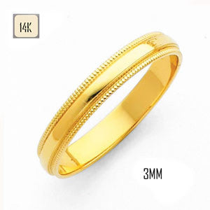 14K Yellow Gold 3MM Traditional Classic Wedding Band with Milgrain Edging