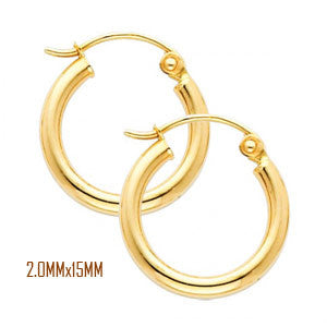 14K Yellow Gold 15 mm in Diameter Classic Hoop Earrings with 2.0 mm in Thickness and Snap Post Closure