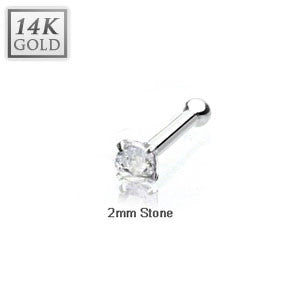 14 Karat Solid White Gold 2mm Prong Clear Cz Nose Stud Ring, Thickness: 20 GA