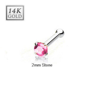 14 Karat Solid White Gold 2mm Prong Pink Cz Nose Stud Ring, Thickness: 20 GA