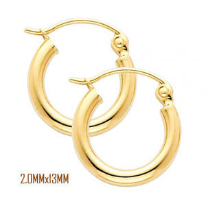 14K Yellow Gold 13 mm in Diameter Classic Hoop Earrings with 2.0 mm in Thickness and Snap Post Closure