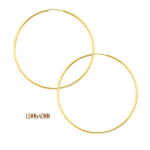 14K Yellow Gold 40 mm in Diameter Endless Hoop Earrings with 1.5 mm in Thickness