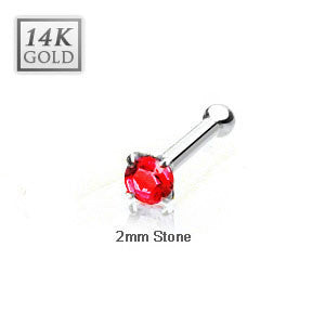 14 Karat Solid White Gold 2mm Prong Ruby Cz Nose Stud Ring, Thickness: 20 GA