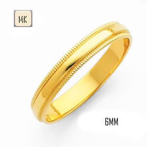 14K Yellow Gold 6MM Traditional Classic Wedding Band with Milgrain Edging