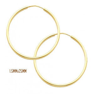 14K Yellow Gold 25 mm in Diameter Endless Hoop Earrings with 1.5 mm in Thickness