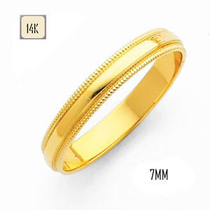 14K Yellow Gold 7MM Traditional Classic Wedding Band with Milgrain Edging