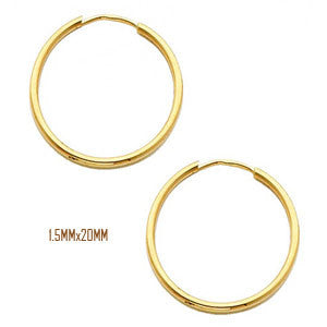 14K Yellow Gold 20 mm in Diameter Endless Hoop Earrings with 1.5 mm in Thickness