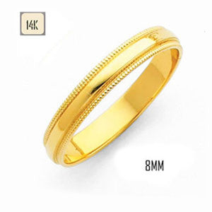 14K Yellow Gold 8MM Traditional Classic Wedding Band with Milgrain Edging