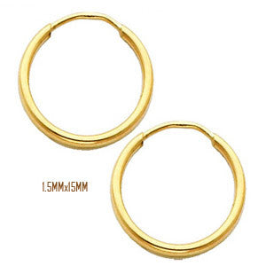 14K Yellow Gold 15 mm in Diameter Endless Hoop Earrings with 1.5 mm in Thickness