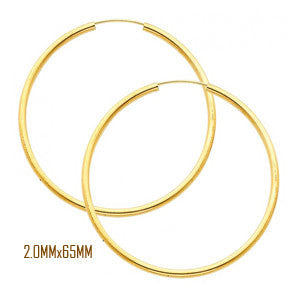 14K Yellow Gold 65 mm in Diameter Endless Hoop Earrings with 2.0 mm in Thickness