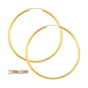 14K Yellow Gold 55 mm in Diameter Endless Hoop Earrings with 2.0 mm in Thickness