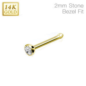 14 Karat Solid Yellow Gold Nose Stud Ring with 2mm Bezel Set Clear Cz Ball, Thickness: 20 GA