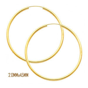 14K Yellow Gold 45 mm in Diameter Endless Hoop Earrings with 2.0 mm in Thickness