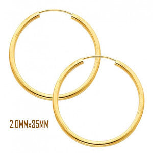 14K Yellow Gold 35 mm in Diameter Endless Hoop Earrings with 2.0 mm in Thickness