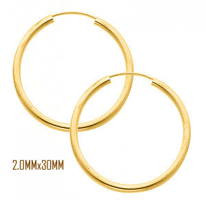 14K Yellow Gold 30 mm in Diameter Endless Hoop Earrings with 2.0 mm in Thickness
