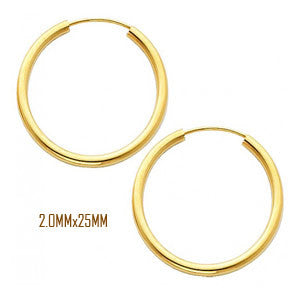 14K Yellow Gold 25 mm in Diameter Endless Hoop Earrings with 2.0 mm in Thickness