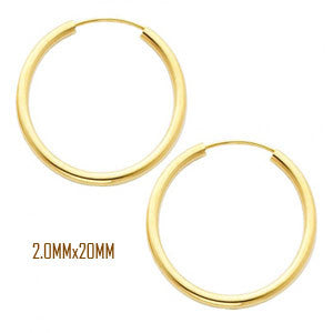 14K Yellow Gold 20 mm in Diameter Endless Hoop Earrings with 2.0 mm in Thickness