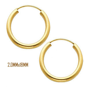 14K Yellow Gold 18 mm in Diameter Endless Hoop Earrings with 2.0 mm in Thickness