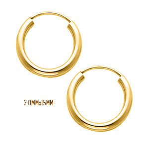 14K Yellow Gold 15 mm in Diameter Endless Hoop Earrings with 2.0 mm in Thickness