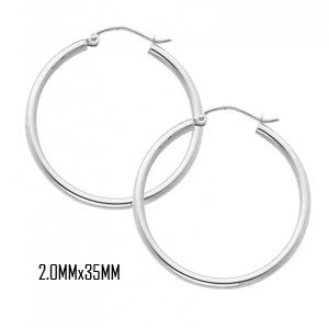 14K White Gold 35 mm in Diameter Classic Hoop Earrings with 2.0 mm in Thickness and Snap Post Closure