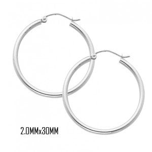 14K White Gold 30 mm in Diameter Classic Hoop Earrings with 2.0 mm in Thickness and Snap Post Closure