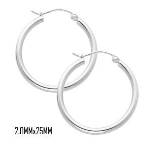 14K White Gold 25 mm in Diameter Classic Hoop Earrings with 2.0 mm in Thickness and Snap Post Closure