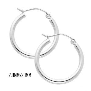 14K White Gold 20 mm in Diameter Classic Hoop Earrings with 2.0 mm in Thickness and Snap Post Closure