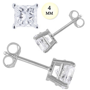 14K White Gold Stud Earring Aprx 1 Carat Total Weight, 4mm Each Princess Cut Simulated Diamond Earring. Set on High Quality Prong Setting & Friction Style Post