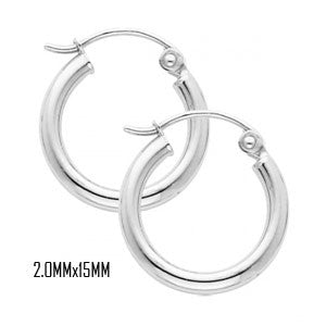 14K White Gold 15 mm in Diameter Classic Hoop Earrings with 2.0 mm in Thickness and Snap Post Closure